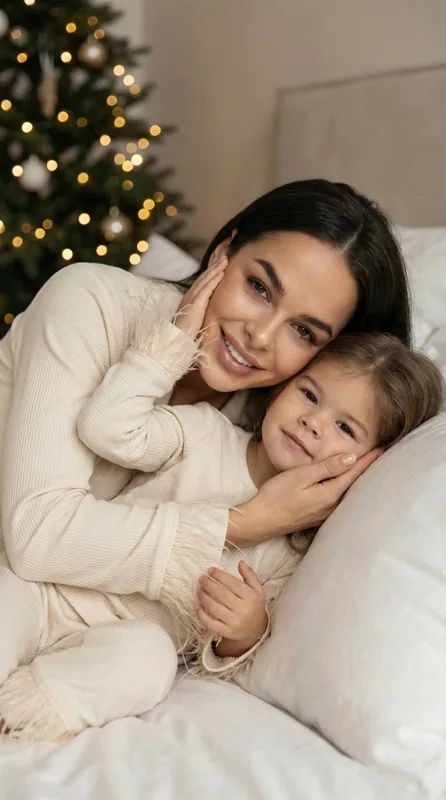Ultra-realistic cinematic cozy winter holiday portrait for the third image in a cohesive mother-and-daughter series, int