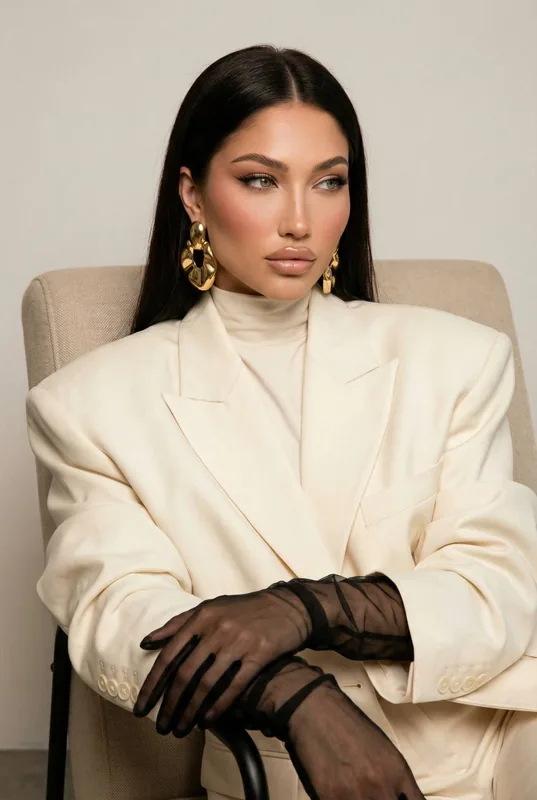 Ultra-detailed fashion editorial portrait of an elegant woman seated on a minimal beige armchair, upper body close-up co