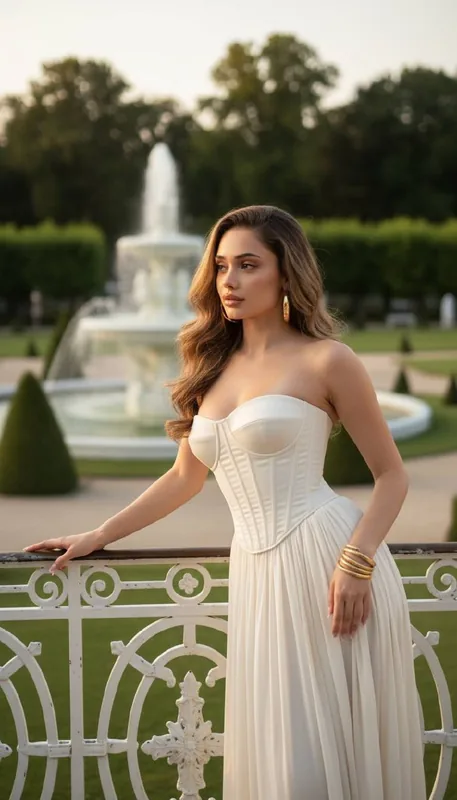 A sophisticated portrait of a woman with long, flowing wavy hair, styled elegantly, leaning on an ornate white metal bal