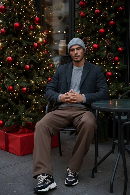 A hyper-detailed winter outdoor portrait of a man sitting at a small café table surrounded by lush Christmas greenery. F