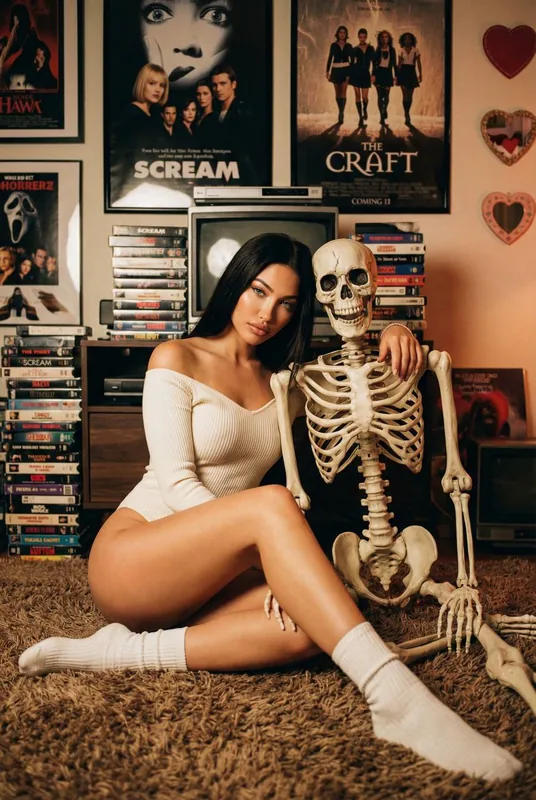 A cinematic Valentine-themed editorial scene in a cozy retro living room, woman sitting on a soft shaggy carpet next to