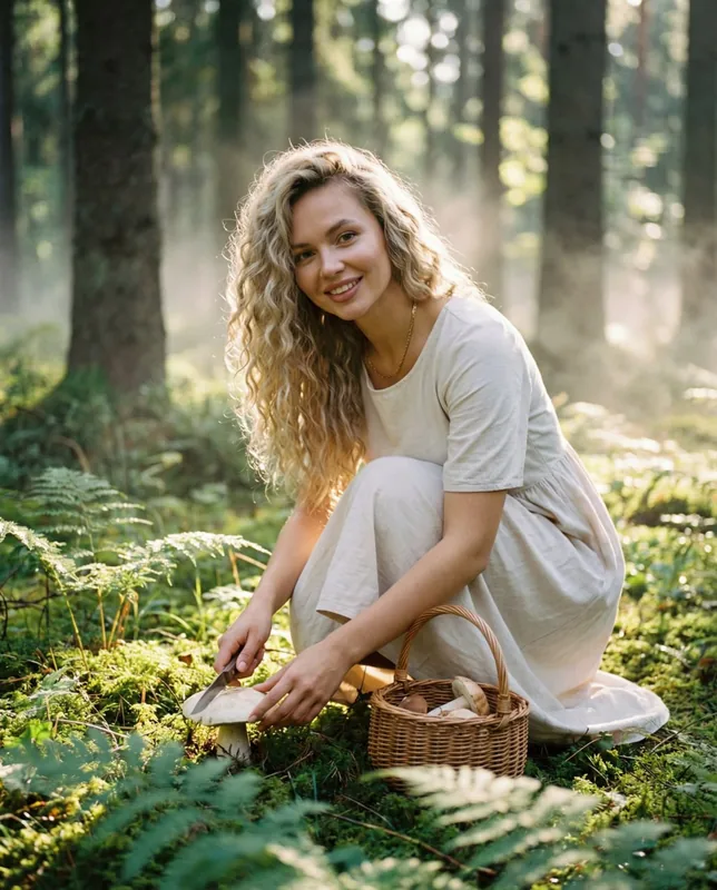 Не меняй черты лица. Кинематографический эффект, плёночное зерно, ultra‑realistic photoreal. Раннее утро в лесу: мягкий