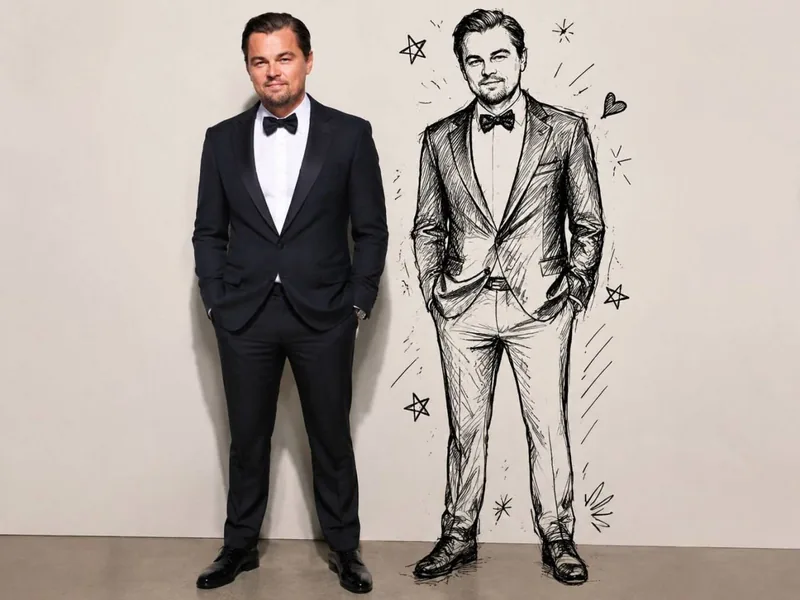 Create a premium editorial portrait featuring the uploaded person standing besid…