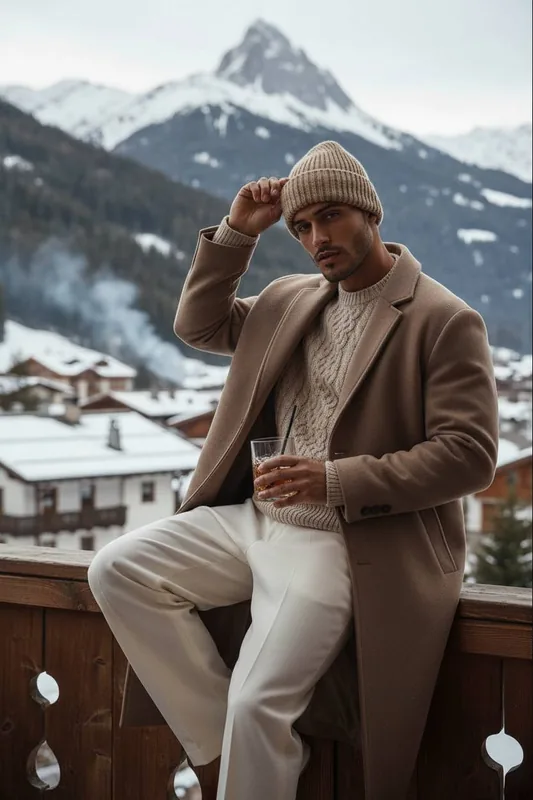 A high-resolution lifestyle portrait of a man sitting on a wooden mountain-view balcony. He sits sideways on the railing
