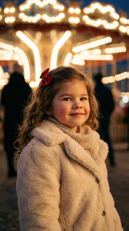 Ultra-realistic cinematic winter portrait of a 5-year-old girl in a festive city holiday setting, magical childlike New