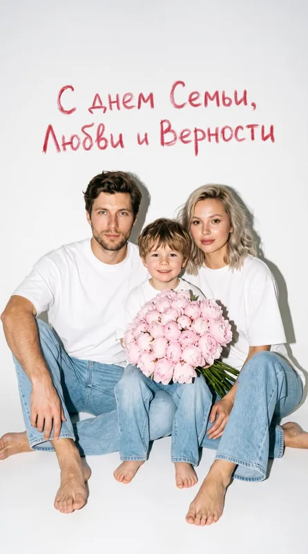Ультрареалистичный студийный семейный портрет ребенка, сидящего на полу, на чист…