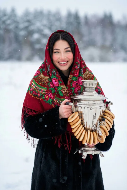 Cinematic winter portrait of a smiling Slavic woman standing outdoors in a snowy field, soft natural daylight, shallow d