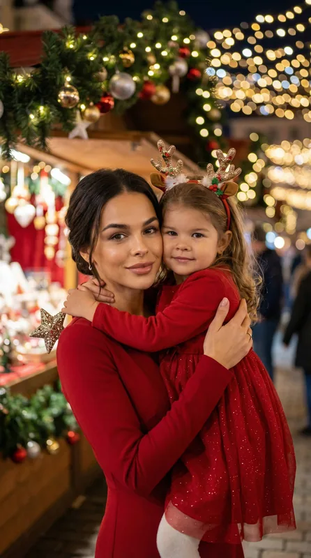 ultra-realistic cinematic festive family portrait of an elegant woman holding a young child in her arms, both facing the