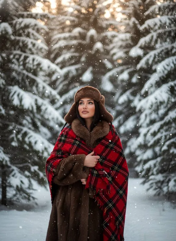 Medium portrait in front of dense snowy fir trees. Pose: standing with the red plaid blanket wrapped tightly around shou