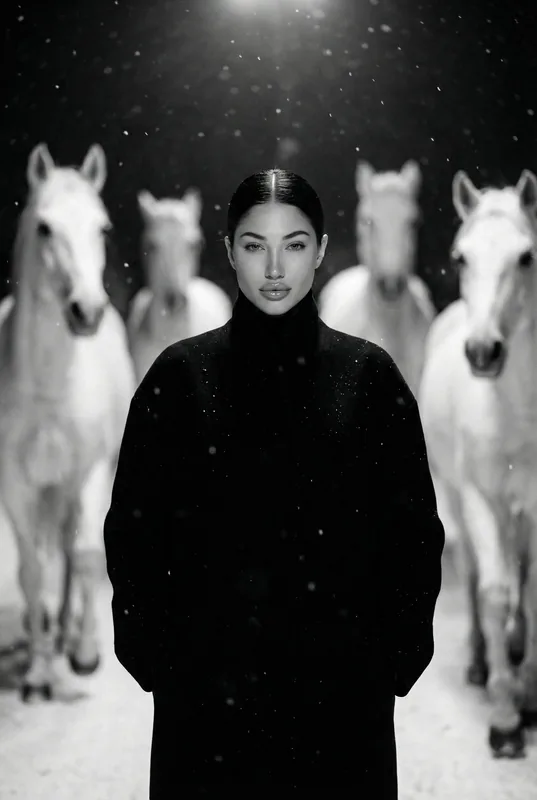 Ultra-realistic cinematic fashion portrait of a woman standing front-facing, body slightly turned left, calm confident e