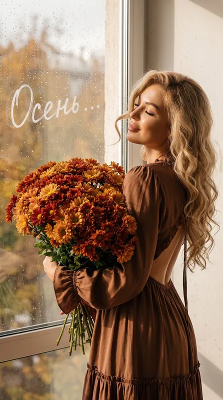 Крупный план: портрет женщины, она стоит у окна осенью. Вдыхая с закрытыми глаза…