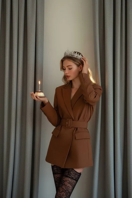 Создайте реалистичный портрет в эстетике fashion-съёмки, с сохранением композиции и освещения, как в примере. Пользовате