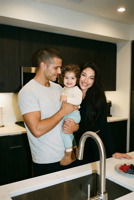 Reference image: conceptual variant ultra-realistic candid family portrait inside a modern minimalist kitchen, warm indo