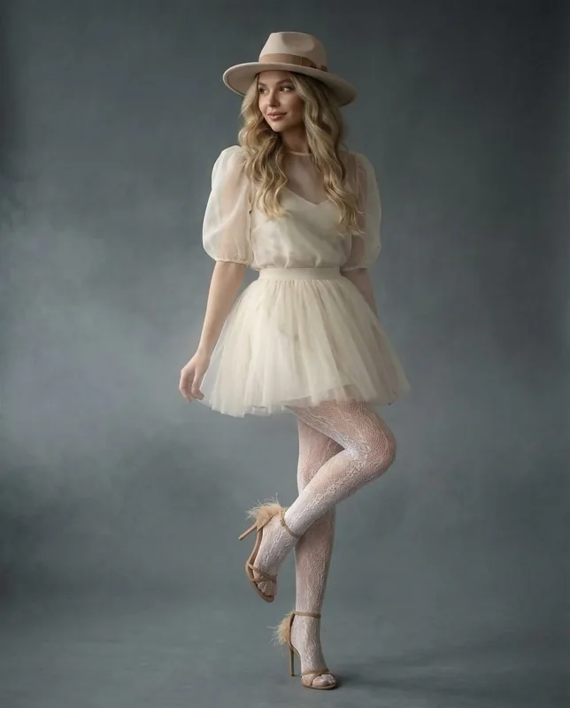 Studio portrait of a woman with long wavy blonde hair. She wears a light beige wide-brim hat with a beige/brown ribbon,