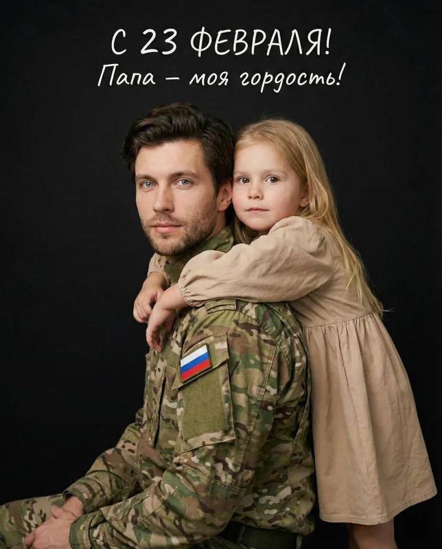 СТРОГО СОХРАНИ ВНЕШНОСТЬ родителя (мужчины в военной форме Армии России цвет мультикам, на плече шеврон флаг России) и д